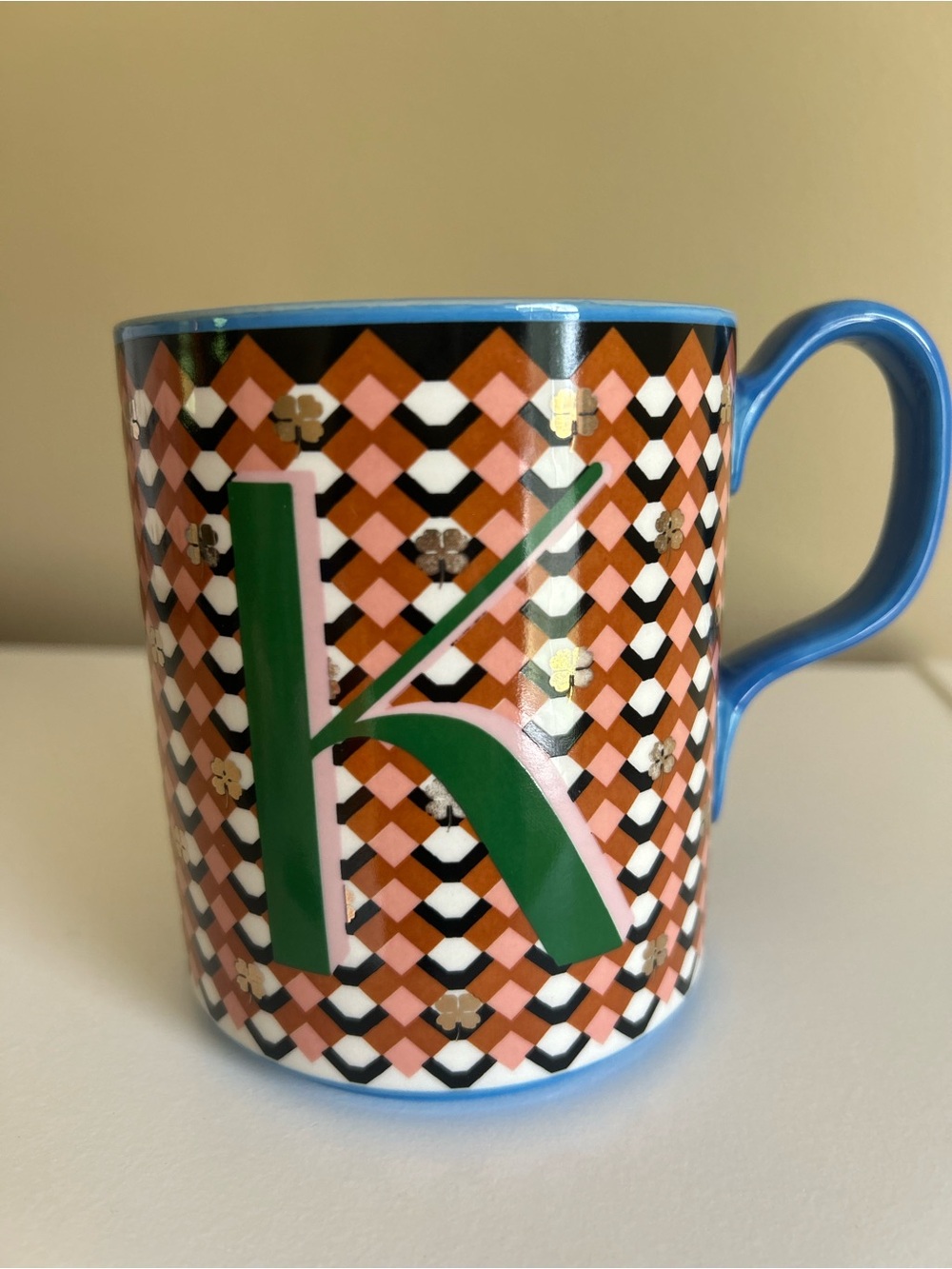 Anthropologie Initial Mug “K” Geometrical Pattern Gold Shamrocks Blue Black